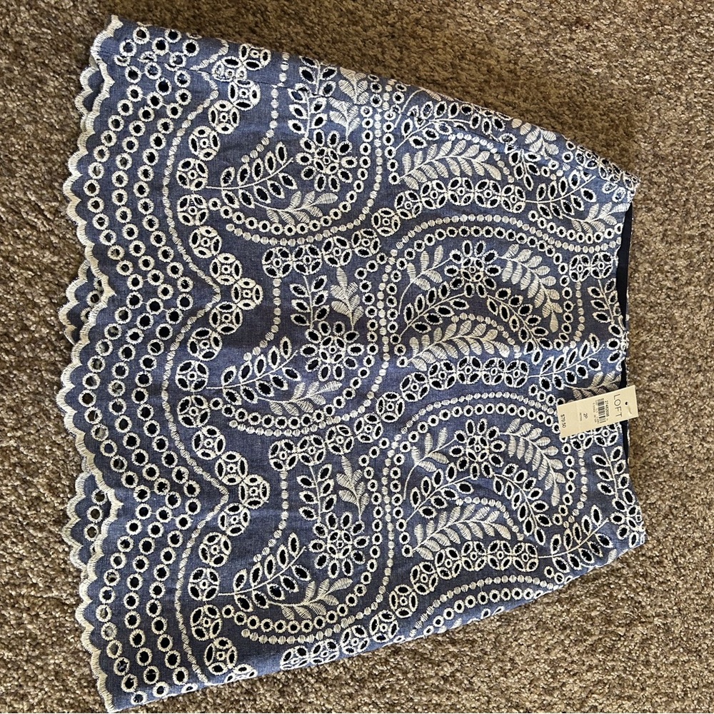 LOFT Blue and White Embroidered Skirt